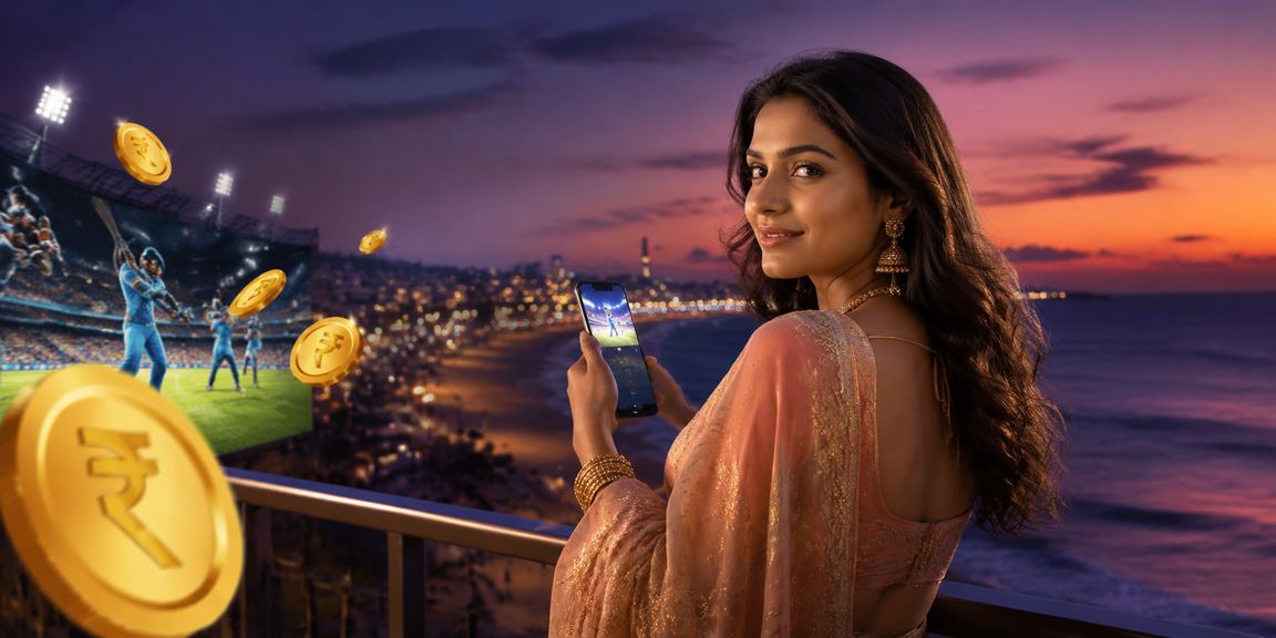 Young woman enjoying live cricket betting at Chennai Marina Beach with mobile device