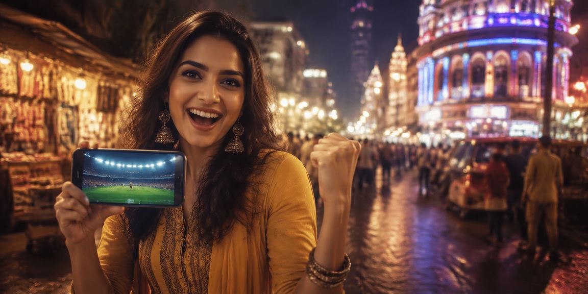 Mobile user playing casino online on neon-lit smartphone